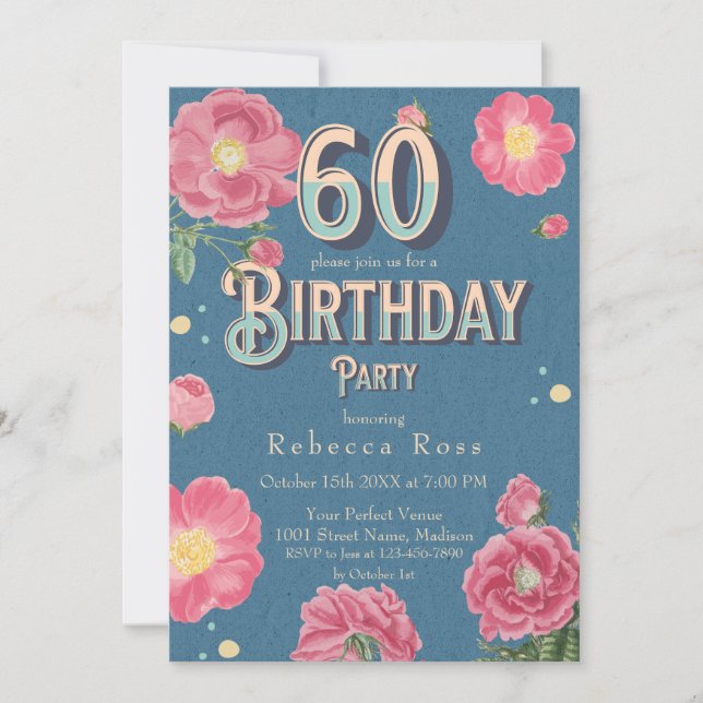 60th Floral Birthday Invitation, Vintage Roses Invitation (Front)