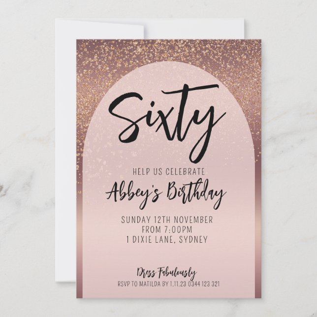 60th Glitter Rose Gold Flecks Arch Birthday Invite (Front)