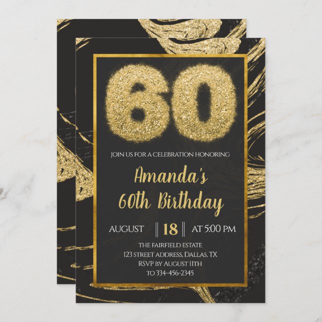 60th Gold Marble Birthday Invitation (Front/Back)
