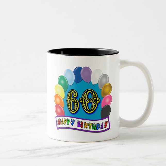 60th Happy Birthday Balloons Merchandise Two-Tone Coffee Mug (Right)