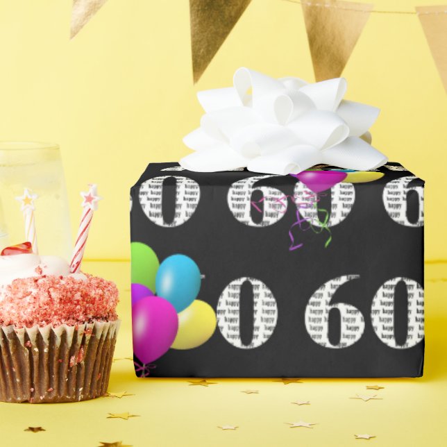 60th Happy Birthday Balloons On Black Wrapping Paper (Birthday Party)