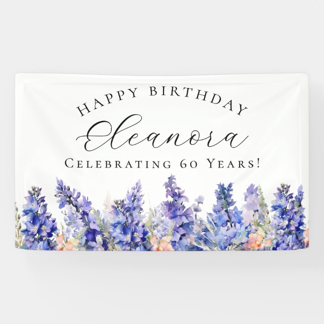60th Happy Birthday Banner Blue July Birth Flower (Horizontal)
