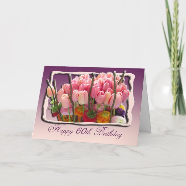 60th Happy Birthday Card - pink tulips (Front)