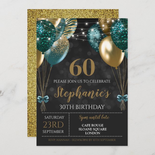 60th Invite Teal Green Gold Invitation (Front/Back)