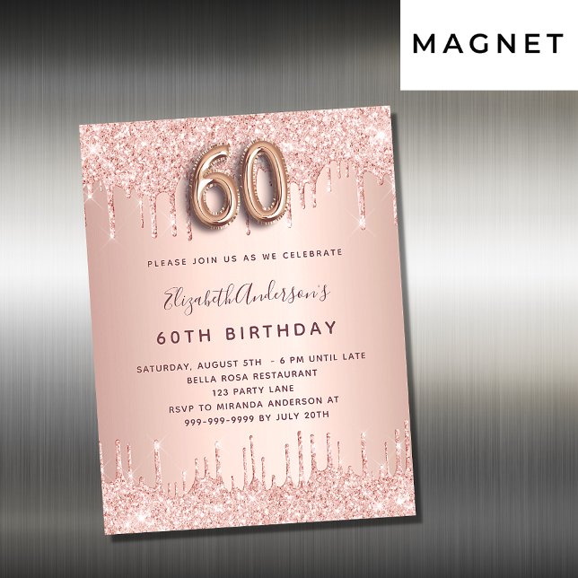 60th irthday rose gold glitter invitation magnet (Creator Uploaded)