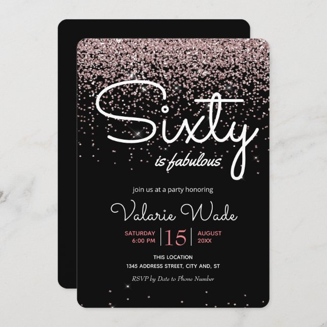 60th Is Fabulous Birthday Party Pink Glitter Invitation (Front/Back)