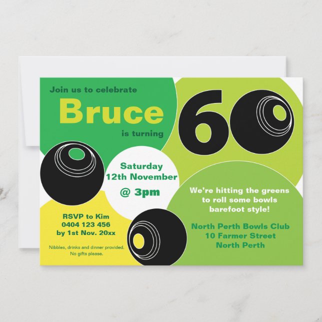 60th Lawn Bowls Barefoot Bowling Birthday Invitation (Front)