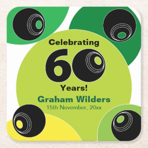 60th Lawn Bowls Barefoot Bowling Birthday Party Square Paper Coaster