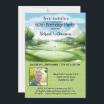 60th Men's Birthday Party Photo Golf  Invitation<br><div class="desc">This festive and colourful 60th Birthday Party Invitation has a Golf theme and it's perfect for a Golfer. It features a Golf Cart with Golf Clubs on a Golf Course, Much to personalise to make appropriate for your own event as well as a photo. We have all the ingredients to...</div>