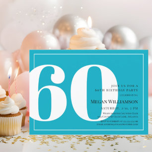 60th Modern Aqua and White Script Birthday Invitation