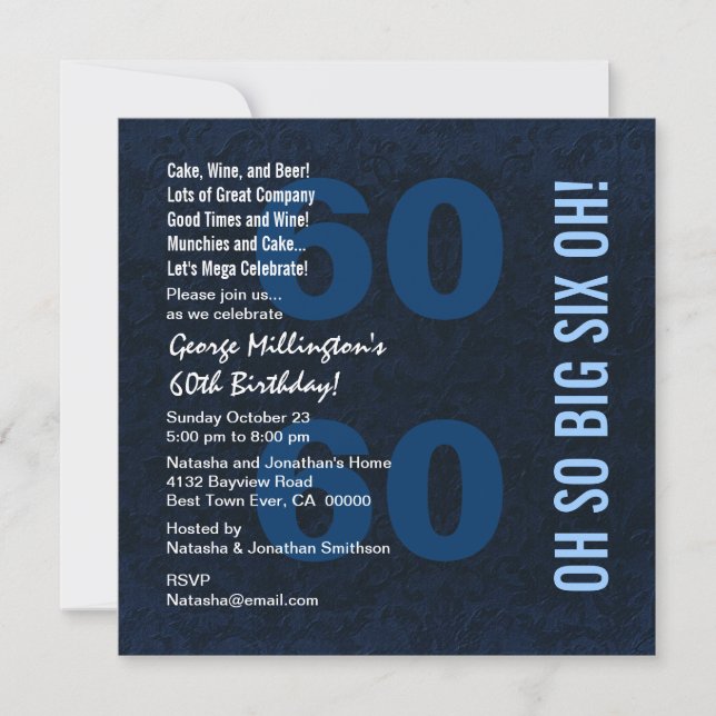 60th Modern Birthday Blue White Red SIX OH A01 Invitation (Front)