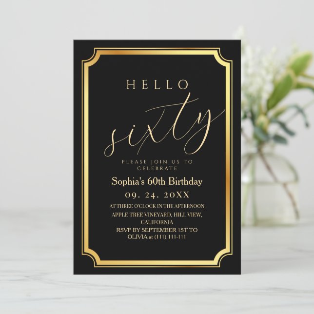 60th Modern & Minimal Black Birthday Party Invitation (Standing Front)