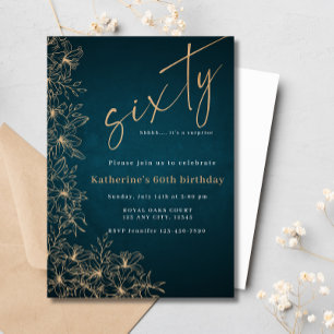  60th Modern Teal & Gold Floral Surprise Birthday Invitation