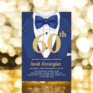 60th Navy Blue and Gold Tuxedo Birthday Event Invitation