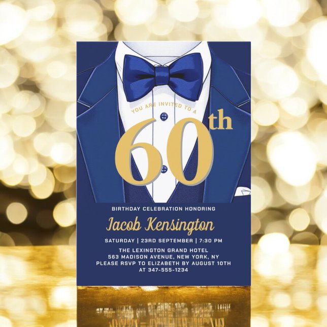 60th Navy Blue and Gold Tuxedo Birthday Event Invitation (Creator Uploaded)