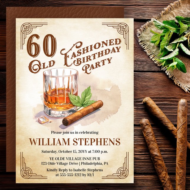 60th Old Fashioned Whiskey Cigar Birthday Party Invitation (Old Fashioned whiskey 60th birthday invitation with vintage masculine style)