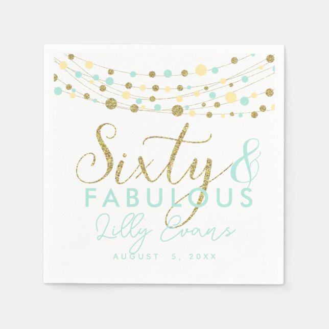 60th party paper napkin decoration, glitter teal (Front)