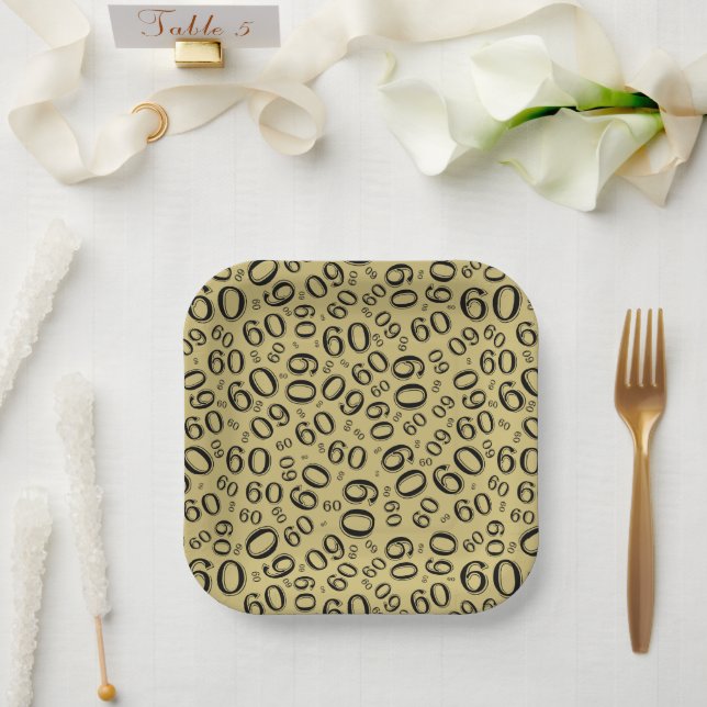 60th Party Random Number Pattern black/Gold Paper Plate (Wedding)