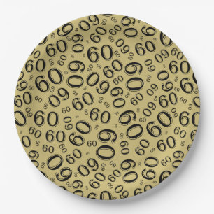 60th Party Random Number Pattern Black/Gold Paper Plate