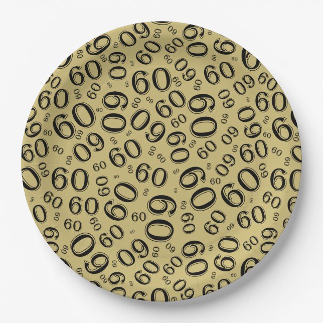 60th Party Random Number Pattern Black/Gold Paper Plate (Front)