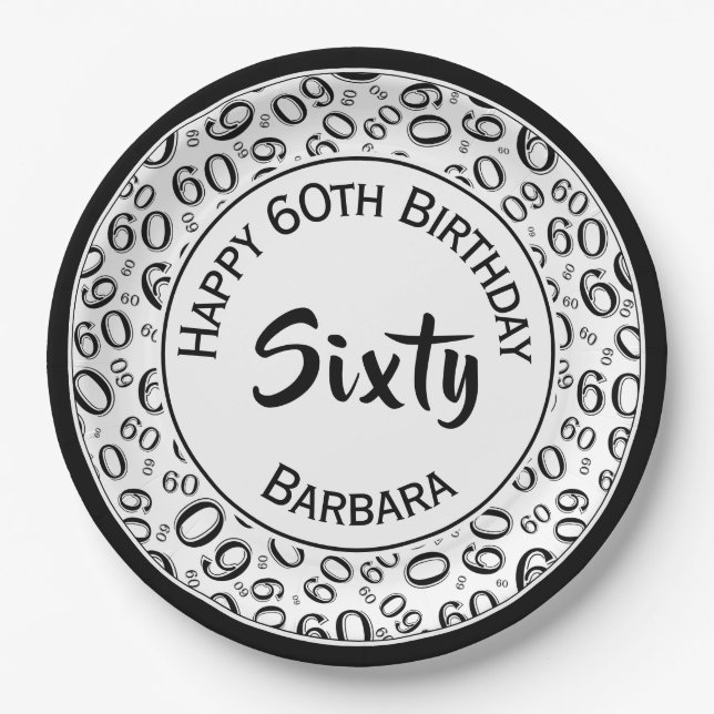 60th Party Random Number Pattern Black/White Paper Plate (Front)