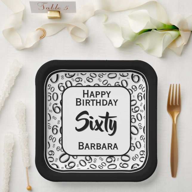 60th Party Random Number Pattern Black/White  Paper Plate (Wedding)