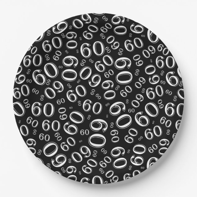 60th Party Random Number Pattern Black/White Paper Plate (Front)