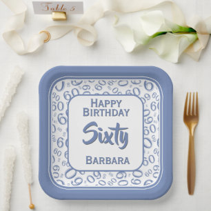 60th Party Random Number Pattern Blue/White  Paper Plate