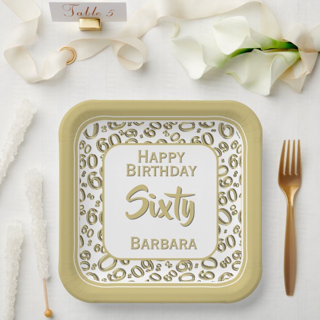 60th Party Random Number Pattern Gold/White  Paper Plate (Wedding)