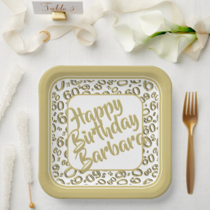 60th Party Random Number Pattern Gold White Paper Plate