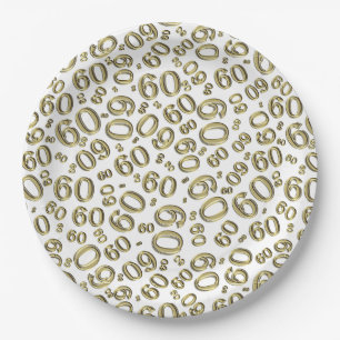60th Party Random Number Pattern Gold/White Paper Plate