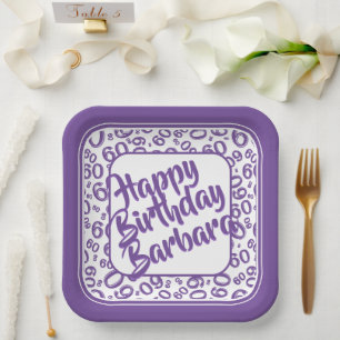 60th Party Random Number Pattern Purple White Paper Plate