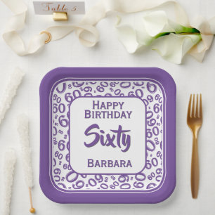 60th Party Random Number Pattern Purple/White  Paper Plate
