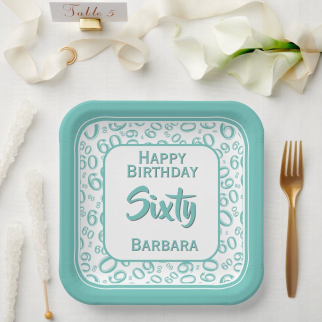 60th Party Random Number Pattern Teal/White  Paper Plate (Wedding)