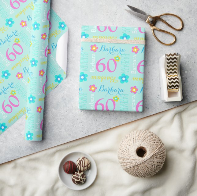 60th personalised name floral birthday wrap wrapping paper (Crafts)