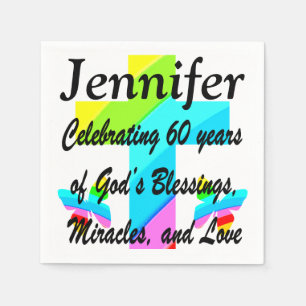 60TH PERSONALIZED CHRISTIAN RAINBOW CROSS NAPKINS