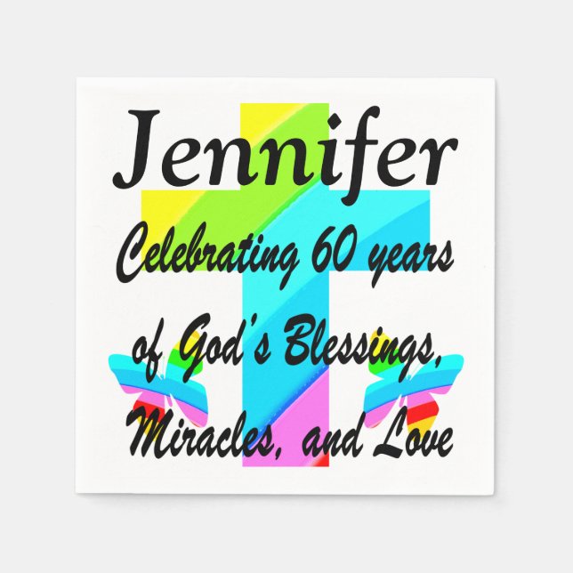 60TH PERSONALIZED CHRISTIAN RAINBOW CROSS NAPKINS (Front)