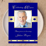 60th Photo Birthday Party Invitation Navy 60<br><div class="desc">This custom 60th birthday party invitation is a great find as it puts the birthday celebrant as the focal point with a photo of the birthday man or woman in a gold frame on a navy blue background. Above the photo are the words "Celebrating 60 years" and below the photo...</div>