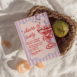 60th Pink Drawn Colorful Champagne Glass Birthday Invitation