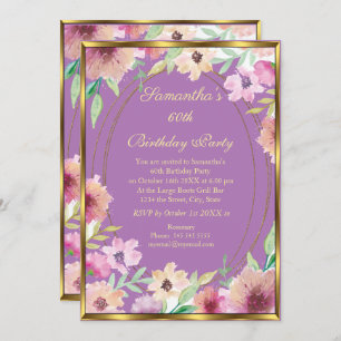60th Purple Floral Gold Birthday Party Invitation