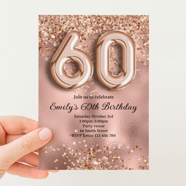 60th Rose Gold Glitter Birthday Invitation (Creator Uploaded)