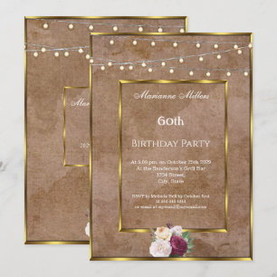 60th sand grunge Gold Fairy Lights Roses Invitation