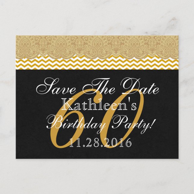 60th Save the Date Birthday Gold Lace Chevrons V01 Announcement Postcard (Front)