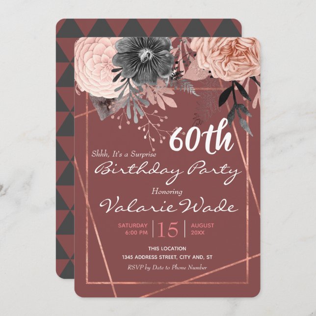 60th Suprise Birthday Party Pink Roses Invitation (Front/Back)