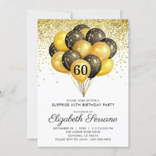 60th Surprise Birthday Black Gold Glitter   Invitation