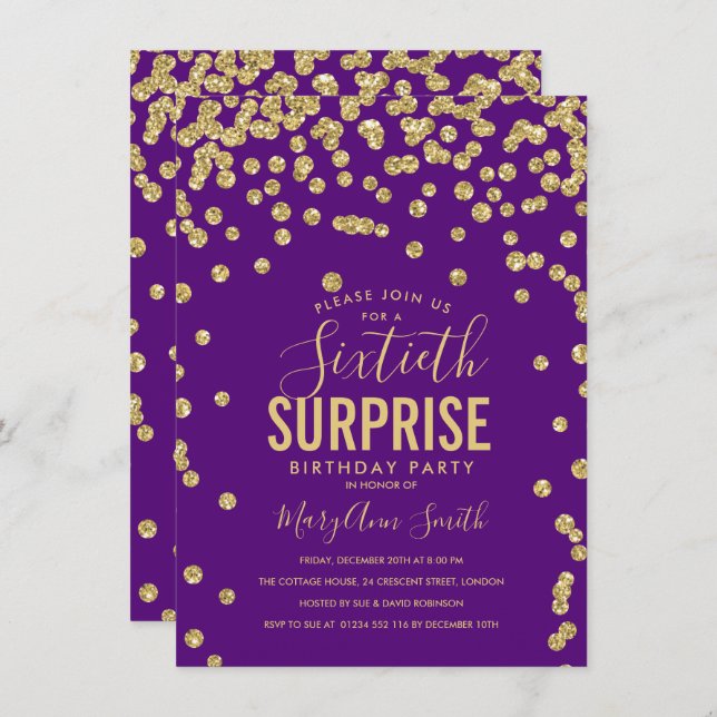 60th Surprise Birthday Gold Purple Invitation (Front/Back)