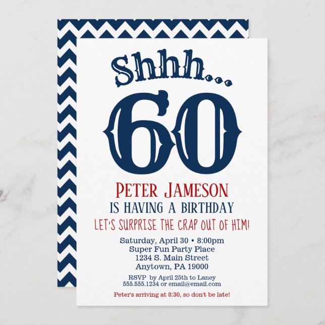 60th Surprise Birthday Invitation Mens Navy Blue (Front/Back)
