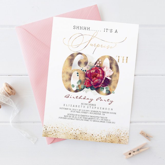 60th Surprise Birthday Party Gold and Burgundy Invitation (Surprise 60th Birthday Party Invitation)