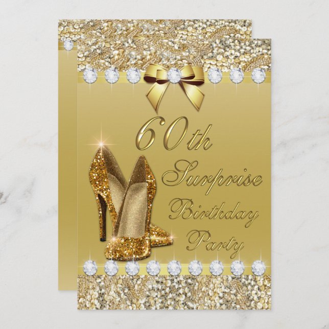 60th Surprise Birthday Party Gold Heels Diamonds Invitation (Front/Back)
