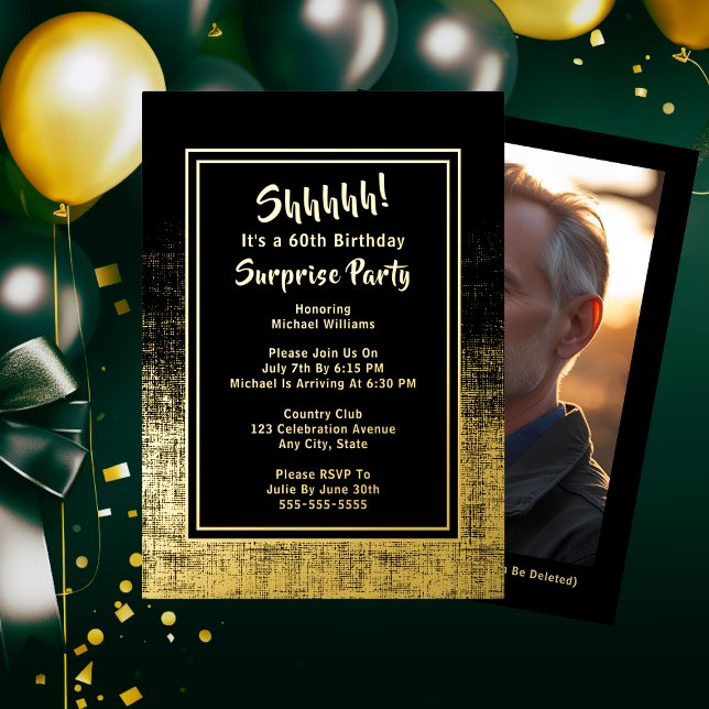 60th Surprise Birthday Photo on Back Black & Gold (Creator Uploaded)